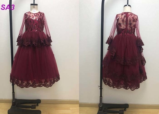 Çiçeği Inspired Şarap Kırmızı Çocuk Çiçek Kız Elbise Uzun Kollu Boncuklu