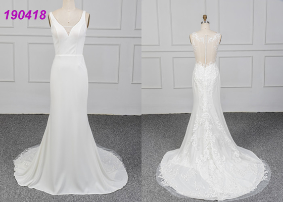 Kolsuz Krep Gelinlik Vestido De Noiva Dantel Aplikler Kılıf Tasarım