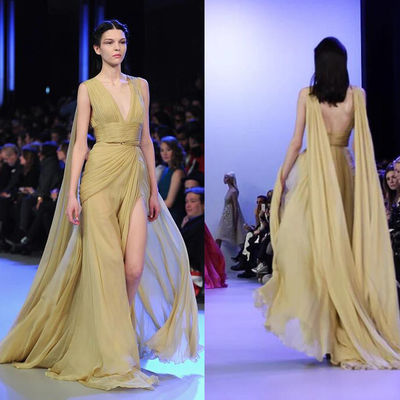 Derin V Seksi Geri Yüksek Yarık Uzun Stil Abiye Kadınlar Için, Ziyafet Şifon Elbise