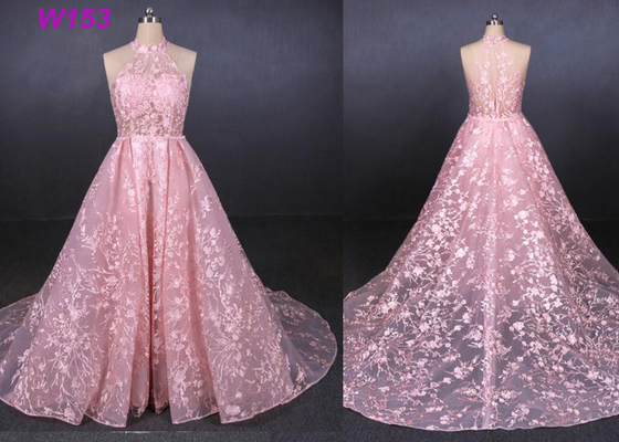 Pembe Halter Backless Kolsuz Dantel Gelinlik Çıkarılabilir Kuyruk Gelin Kıyafeti