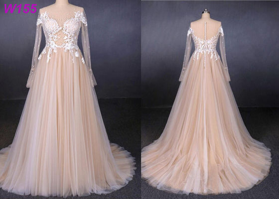 Uzun Dantel A Hattı Tül Kadın Gelinlik See Through İnciler Boncuk