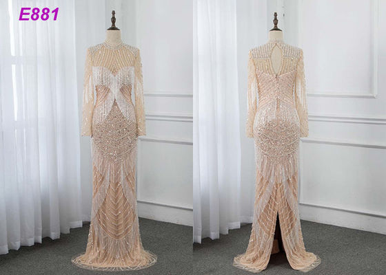 Ağır boncuklu abiye püsküller uzun kollu kılıf örgün parti elbise