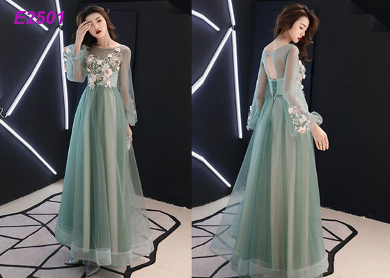 Çiçek parti elbise yeşil pembe mavi renkler uzun puf kollu tül abiye