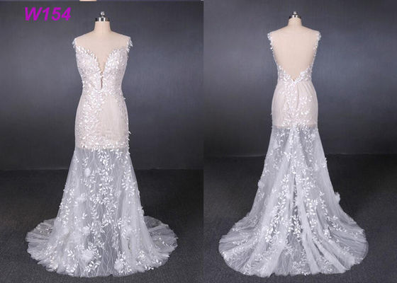 Şeffaf tül dantel uygulama gelinlik özelleştirilmiş fabrika yapımı